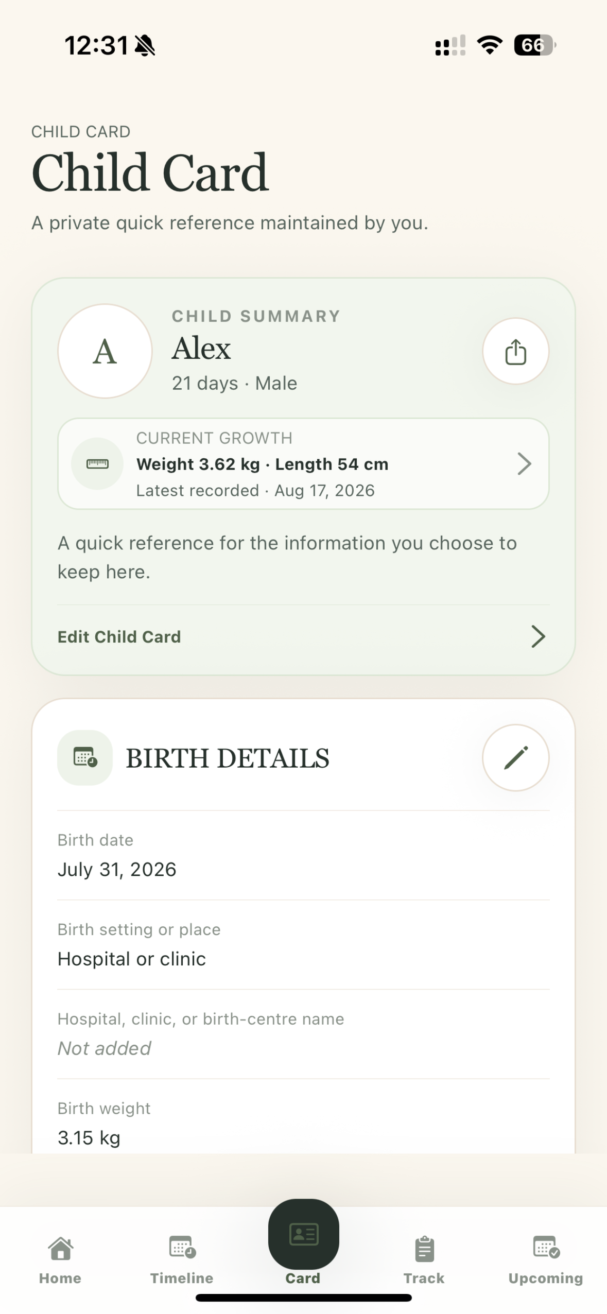 MyPregBaby private Child Card
